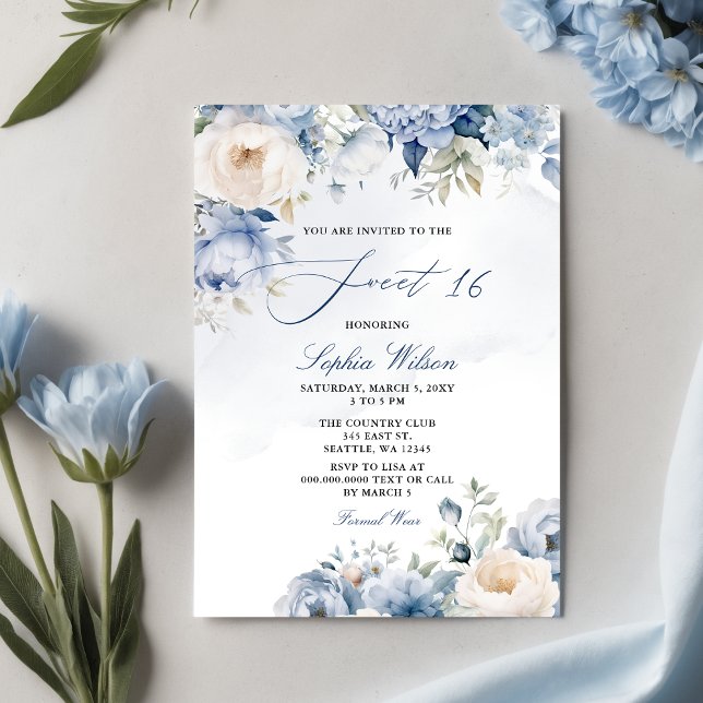 Papier Budget Dusty Blue Floral Sweet 16 Invitation (Elegant Modern Dusty Blue Floral Sweet 16 Invitation)