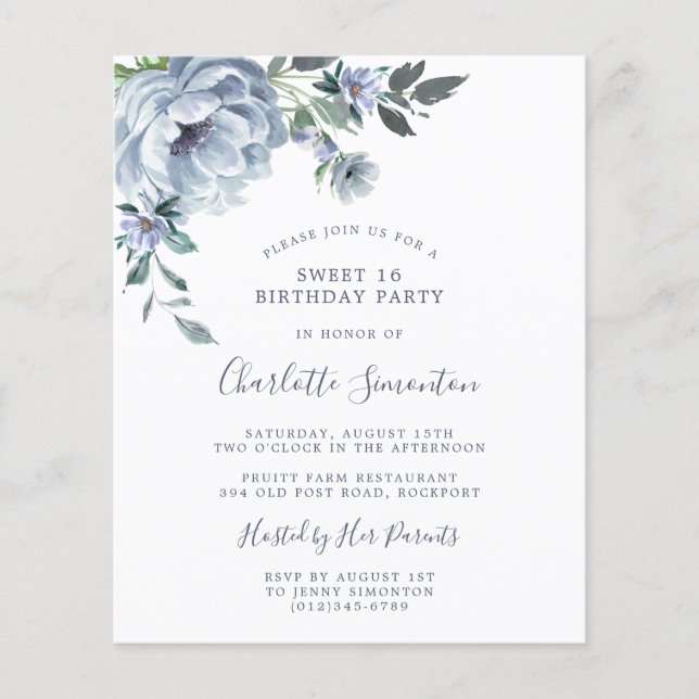 Papier Budget Dusty Blue Floral Sweet 16 Invitation (Devant)