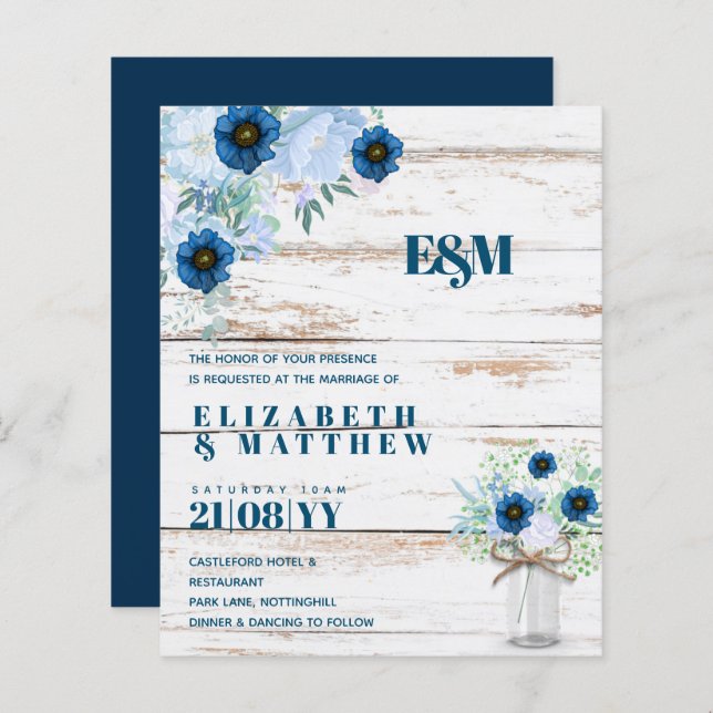 Papier BUDGET Dusty Blue Floral Wedding Invite (Devant / Derrière)