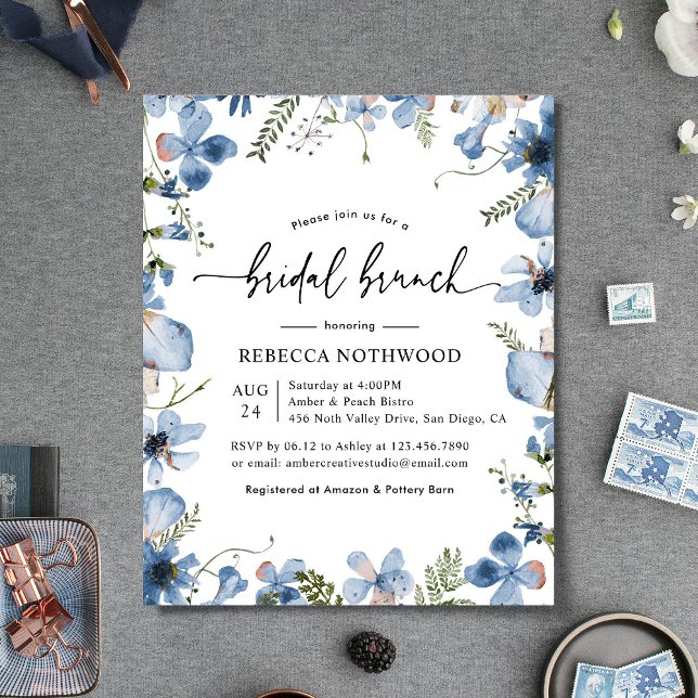 Papier Budget Dusty Blue Florals Bridal Brunch Invitation (Créateur téléchargé)