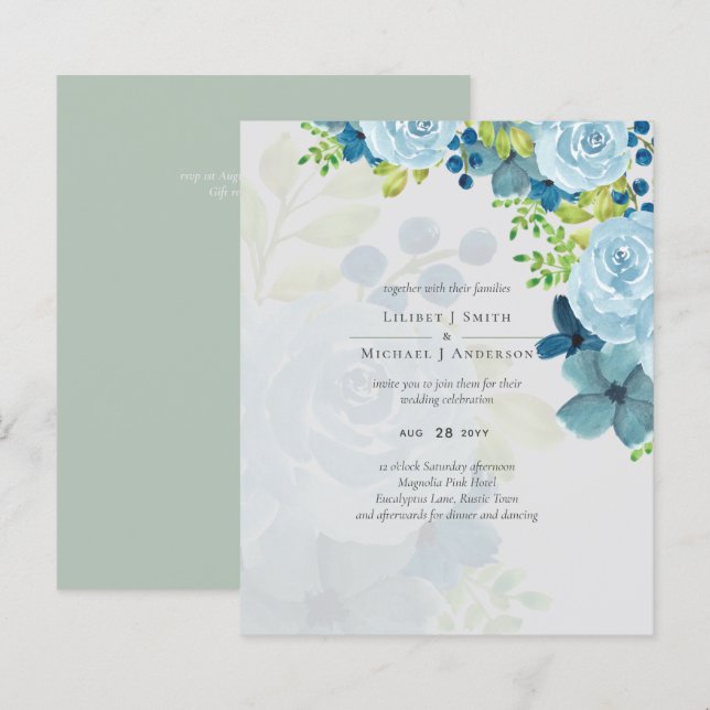 Papier Budget Dusty Blue Flowers Sage Mariage (Devant / Derrière)