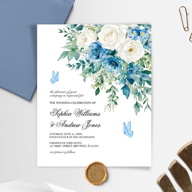 Papier Budget Dusty Blue Flowers Wedding Invitation (Créateur téléchargé)