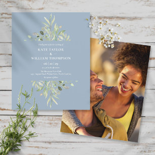 Papier Budget Dusty Blue Foliage Mariage Photo Invitation