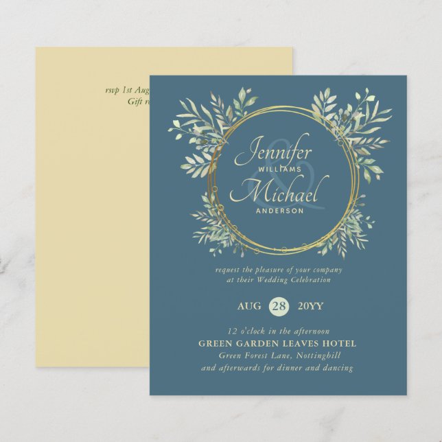 Papier BUDGET Dusty Blue Gold Greenery Mariage Inviter (Devant / Derrière)