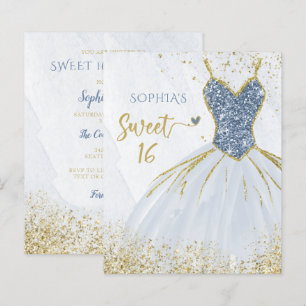 Papier Budget Dusty Blue Gold robe Sweet 16 Invitation
