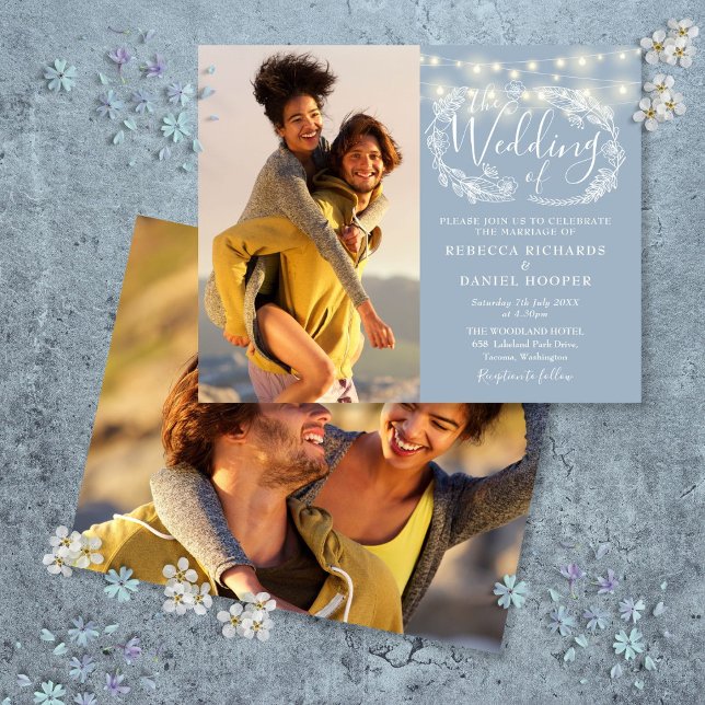Papier Budget Dusty Blue Lights 2 Photo Wedding Invitatio (Budget Dusty Blue Lights 2 Photo Wedding Invite)