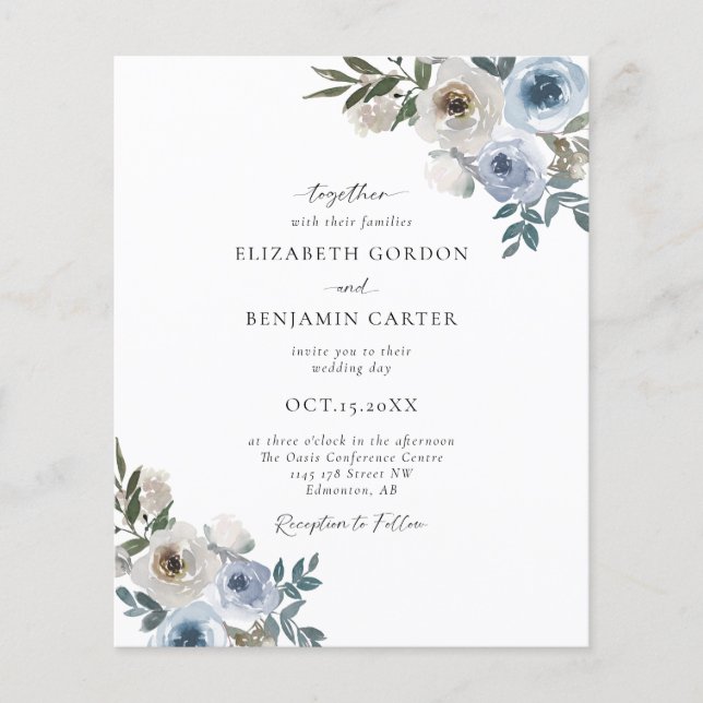 Papier Budget Dusty Blue Mariage Floral Élégant Script (Devant)