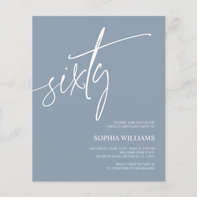 Papier Budget Dusty Blue Minimal 60e anniversaire Invitat (Devant)