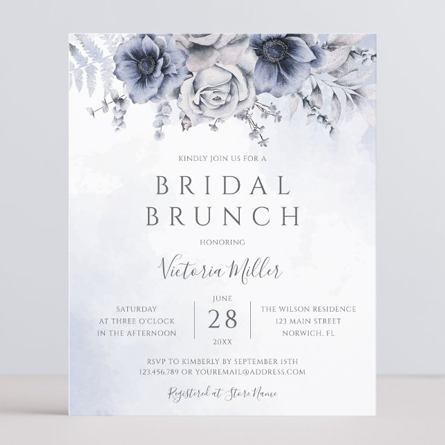 Papier Budget Dusty Blue Navy Floral Bridal Brunch Invita (Créateur téléchargé)