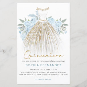 Papier Budget Dusty Blue or robe Quinceañera Invitation