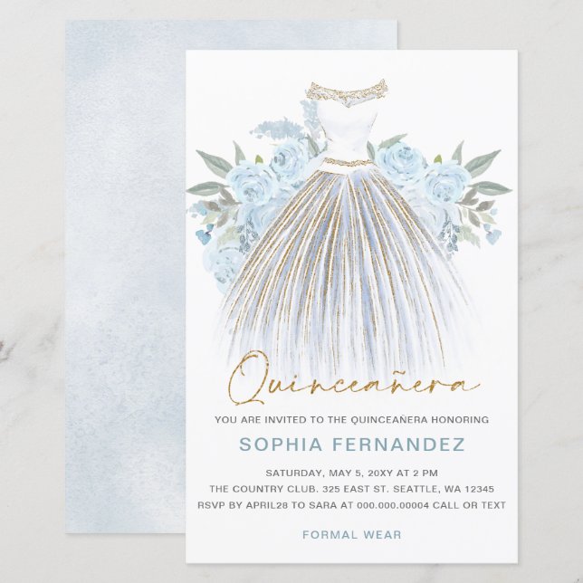 Papier Budget Dusty Blue or robe Quinceañera Invitation (Devant / Derrière)