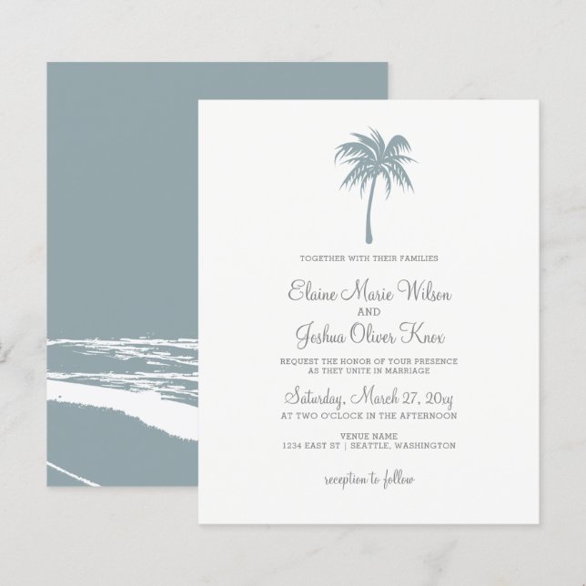 Papier Budget Dusty Blue Palm Tree Invitations de mariage (Devant / Derrière)