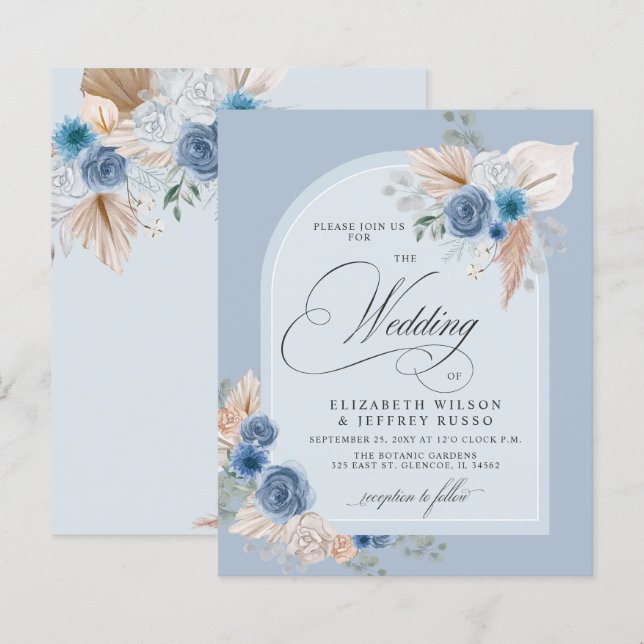 Papier Budget Dusty Blue Pampas Faire-part de mariage (Devant / Derrière)