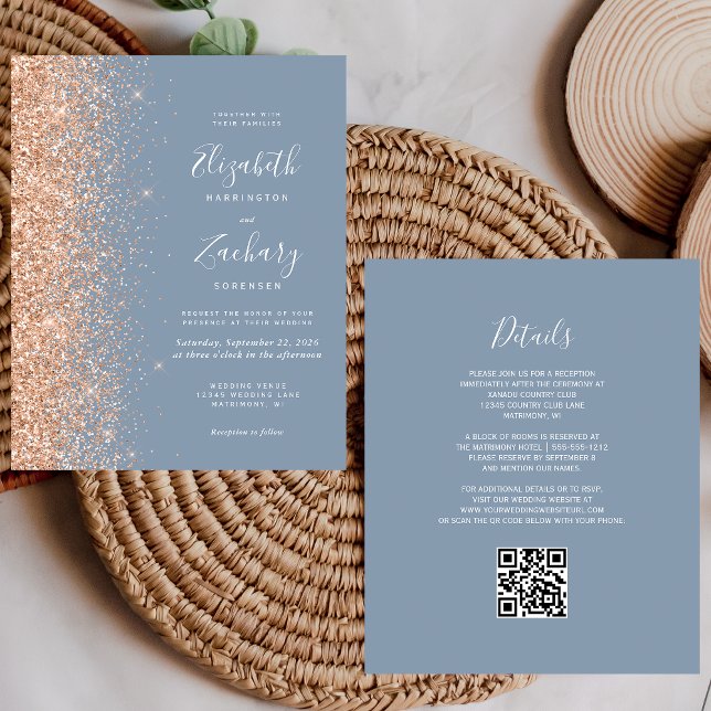 Papier Budget Dusty Blue Peach QR Code Mariage Invitation (Créateur téléchargé)