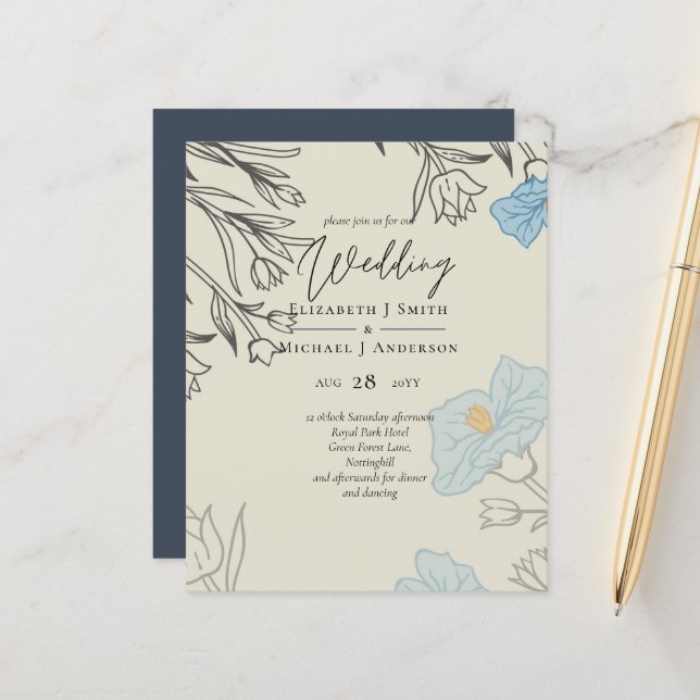 Papier BUDGET Dusty Blue Poppy Magnolia Mariage Invitatio (Devant/Arrière en situation)