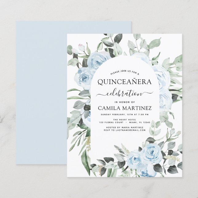 Papier Budget Dusty Blue Quinceañera Floral Invitation (Devant / Derrière)