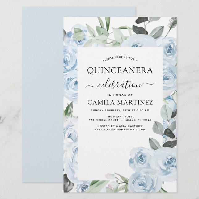 Papier Budget Dusty Blue Quinceañera Floral Invitation (Devant / Derrière)