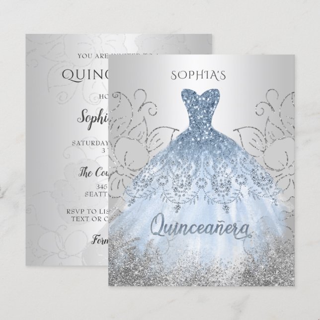 Papier Budget Dusty Blue robe Quinceañera Invitation (Devant / Derrière)