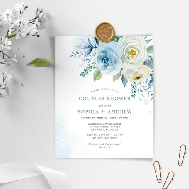 Papier Budget Dusty Blue Rose Couples Douche Invitation (Créateur téléchargé)