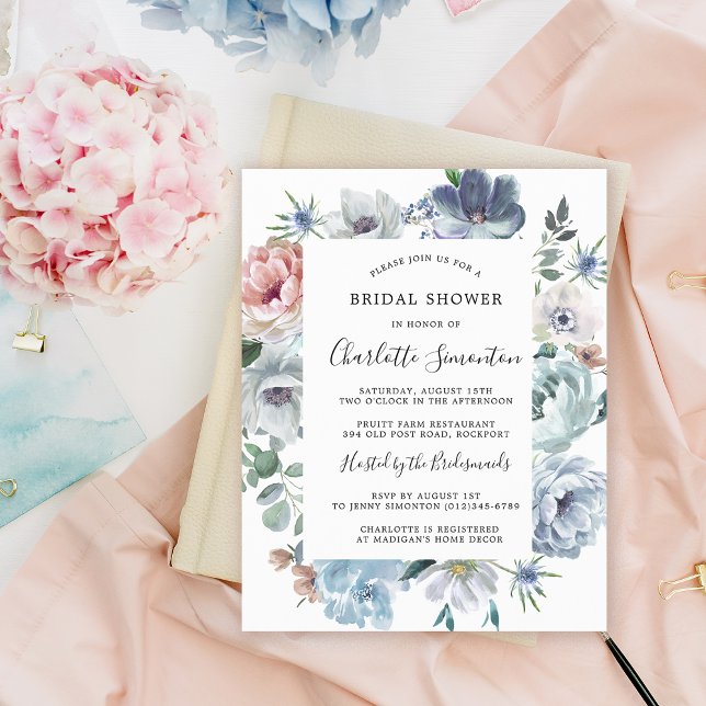 Papier Budget Dusty Blue Rose Fête des mariées Floral Inv (Créateur téléchargé)