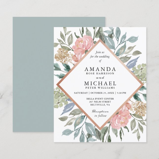 Papier Budget Dusty Blue Rose Floral Mariages Invitations (Devant / Derrière)