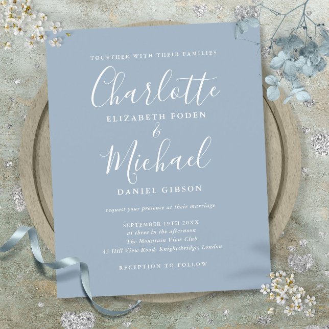 Papier Budget Dusty Blue Script Faire-part de mariage (Budget Dusty Blue Script Wedding Invitation)