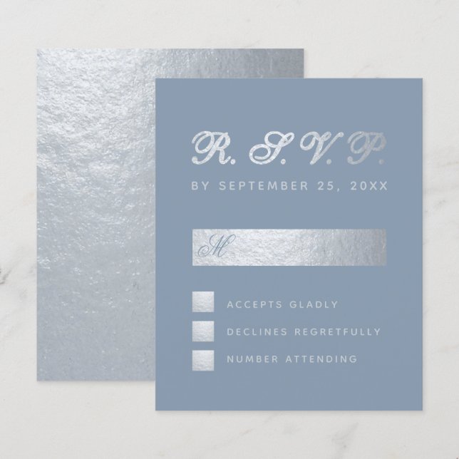 Papier Budget Dusty Blue Silver Calligraphie Mariage RSVP (Devant / Derrière)