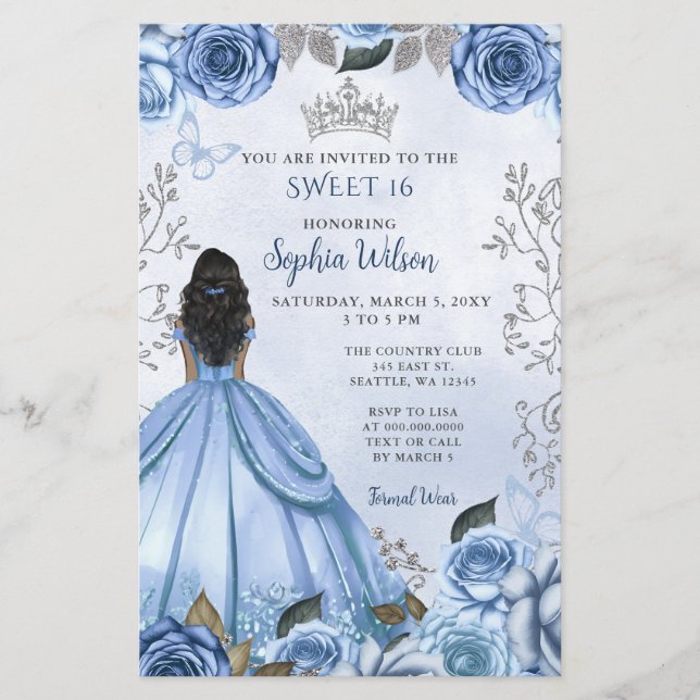 Papier Budget Dusty Blue Silver Floral Princess SWEET 16 (Devant)