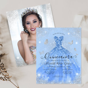 Papier Budget Dusty Blue Silver Gown Photo Quinceanera