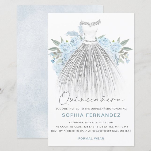 Papier Budget Dusty Blue Silver Robe Quinceañera Invitati (Devant / Derrière)