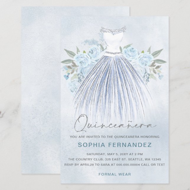 Papier Budget Dusty Blue Silver Robe Quinceañera invitati (Devant / Derrière)