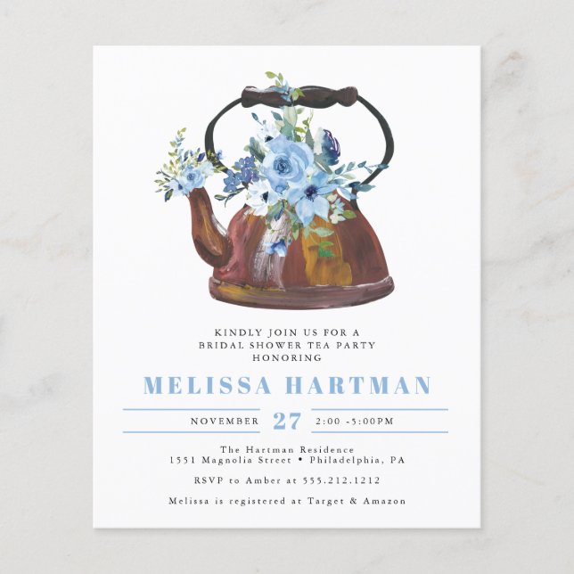 Papier Budget Dusty Blue Tea Bridal Shower Invitation (Devant)