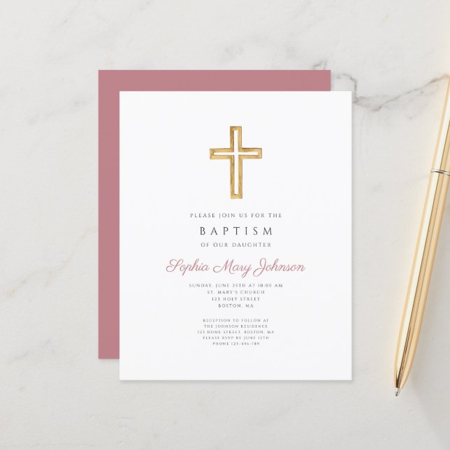 Papier Budget Dusty Pink Cross Religion Girl Baptism (Devant/Arrière en situation)
