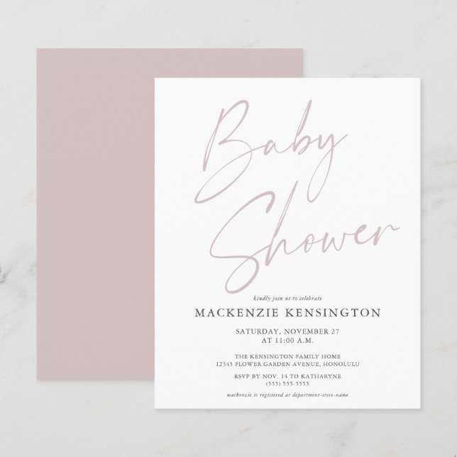 Papier Budget Dusty Pink Script Baby Girl Douche Invitati (Devant / Derrière)