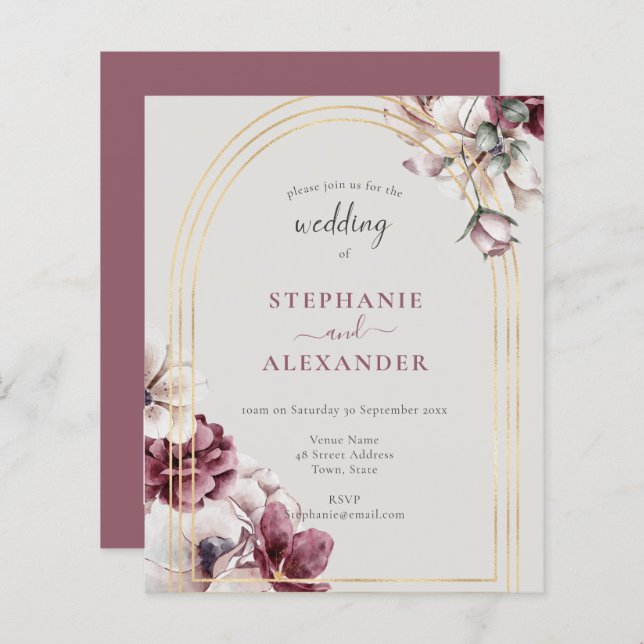 Papier Budget Dusty Plum Floral Mariage QR Code Invitatio (Devant / Derrière)