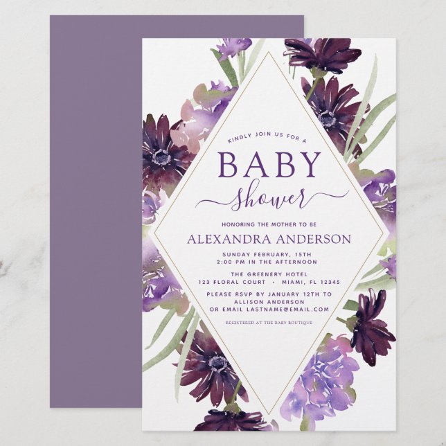 Papier Budget Dusty Purple Floral Baby shower de verdure (Devant / Derrière)
