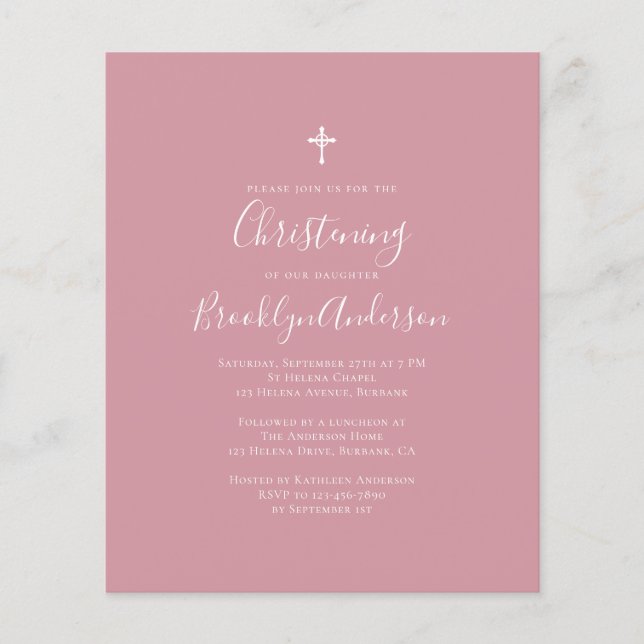 Papier Budget Dusty Rose Christening Invitation (Devant)