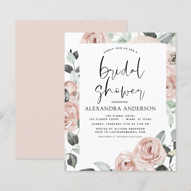 Papier Budget Dusty rose Fête des mariées Floral Invitati (Devant / Derrière)
