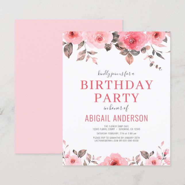 Papier Budget Dusty rose Floral Anniversaire Invitation (Devant / Derrière)
