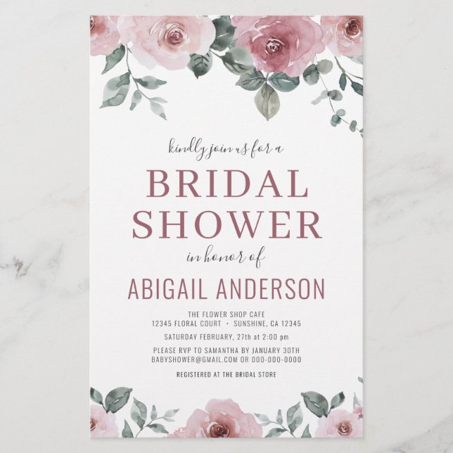 Papier Budget Dusty Rose Floral Bridal Shower Invitation (Devant)