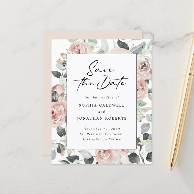 Papier Budget Dusty Rose Floral Eucalyptus Enregistrer la (Devant/Arrière en situation)