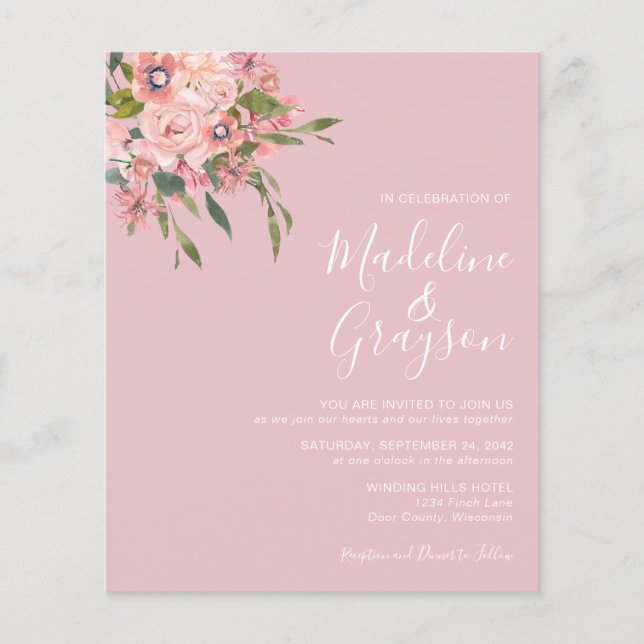 Papier BUDGET Dusty rose Floral Faire-part de mariage (Devant)