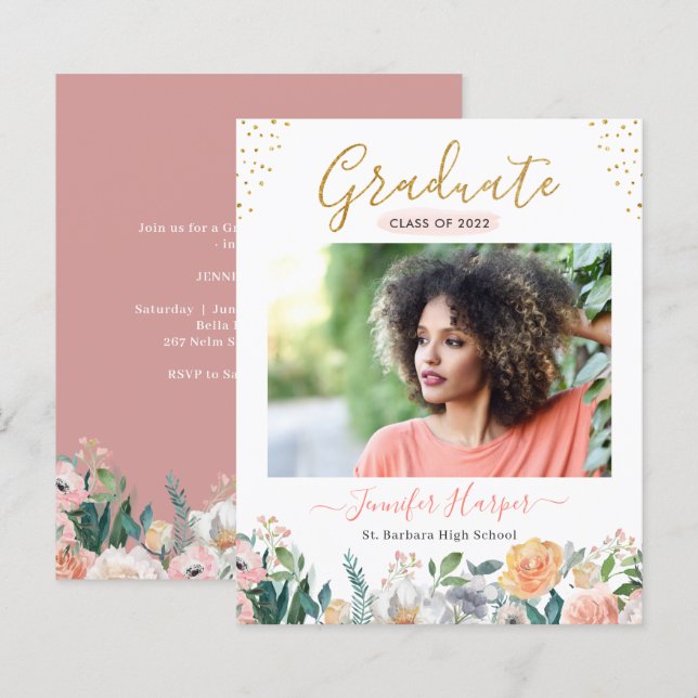 Papier Budget Dusty Rose Floral Graduation Faire-part (Devant / Derrière)