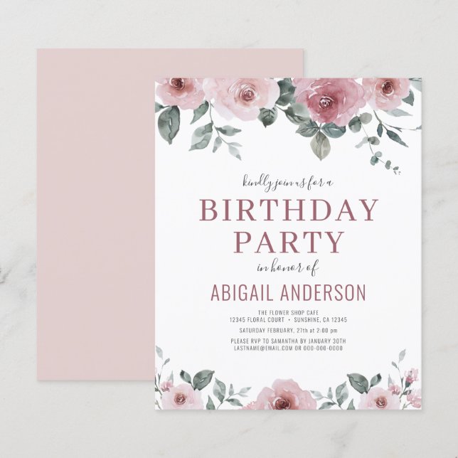 Papier Budget Dusty Rose Floral Invitation fête d'anniver (Devant / Derrière)