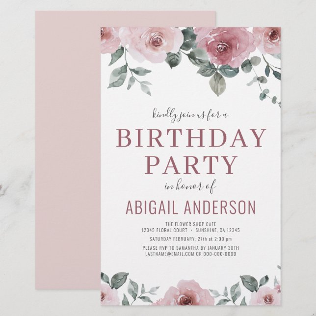 Papier Budget Dusty Rose Floral Invitation fête d'anniver (Devant / Derrière)