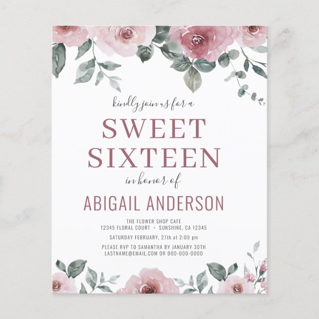 Papier Budget Dusty Rose Floral Sweet sixteen Invitation (Devant)