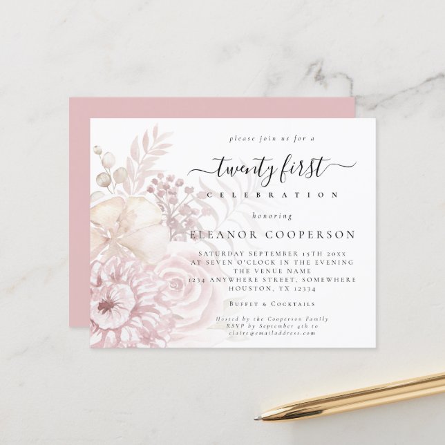 Papier Budget Dusty Rose Florals Fille Invitation de 21èm (Devant/Arrière en situation)