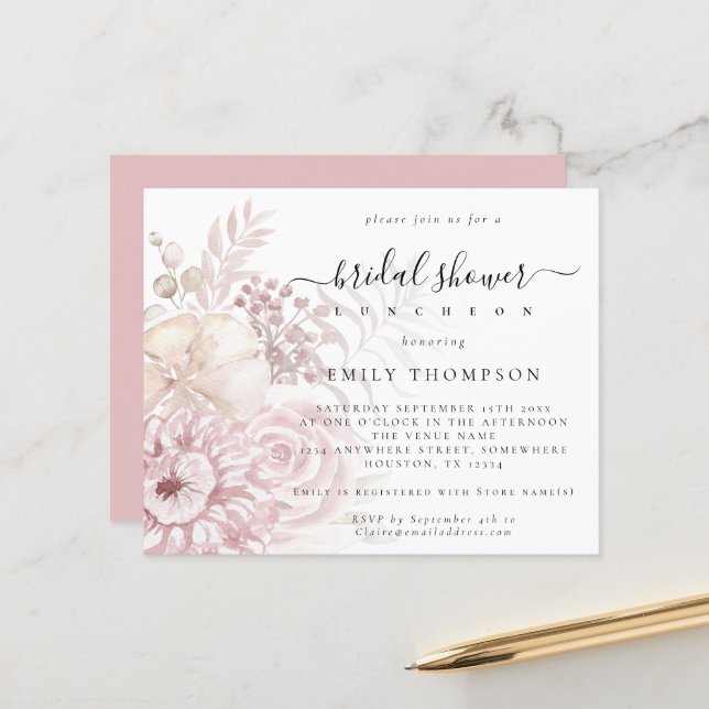 Papier Budget Dusty Rose Florals Invitation à la douche n (Devant/Arrière en situation)