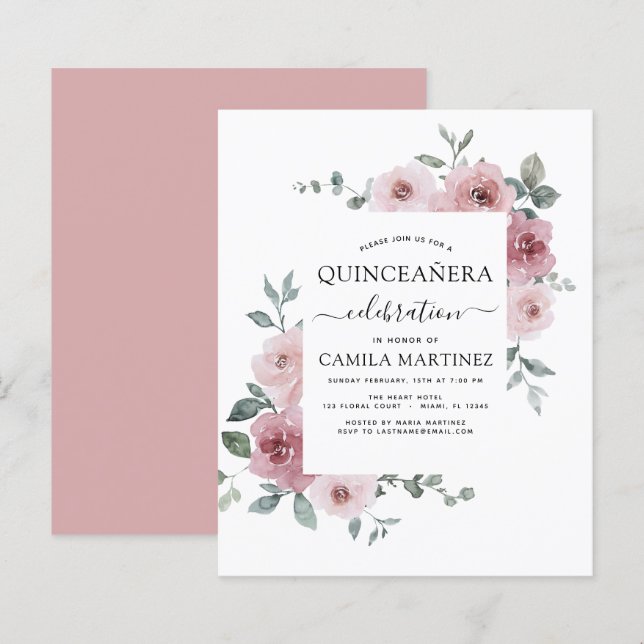 Papier Budget Dusty rose Quinceañera Floral Invitation (Devant / Derrière)
