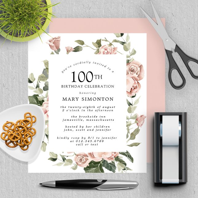 Papier Budget Dusty Rose Rose 100e anniversaire Invitatio (Créateur téléchargé)